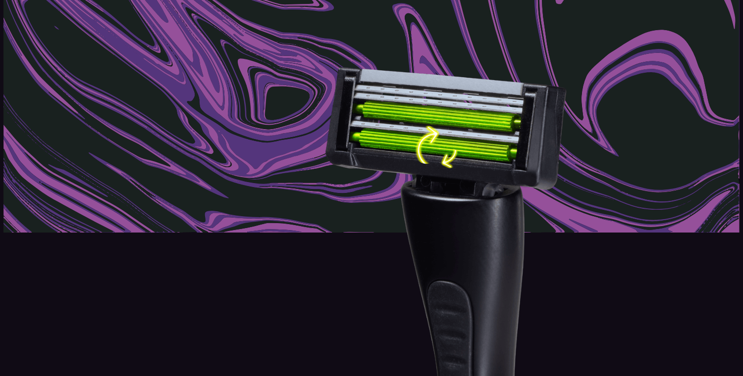 Shaver with visible blades against a purple and black abstract background