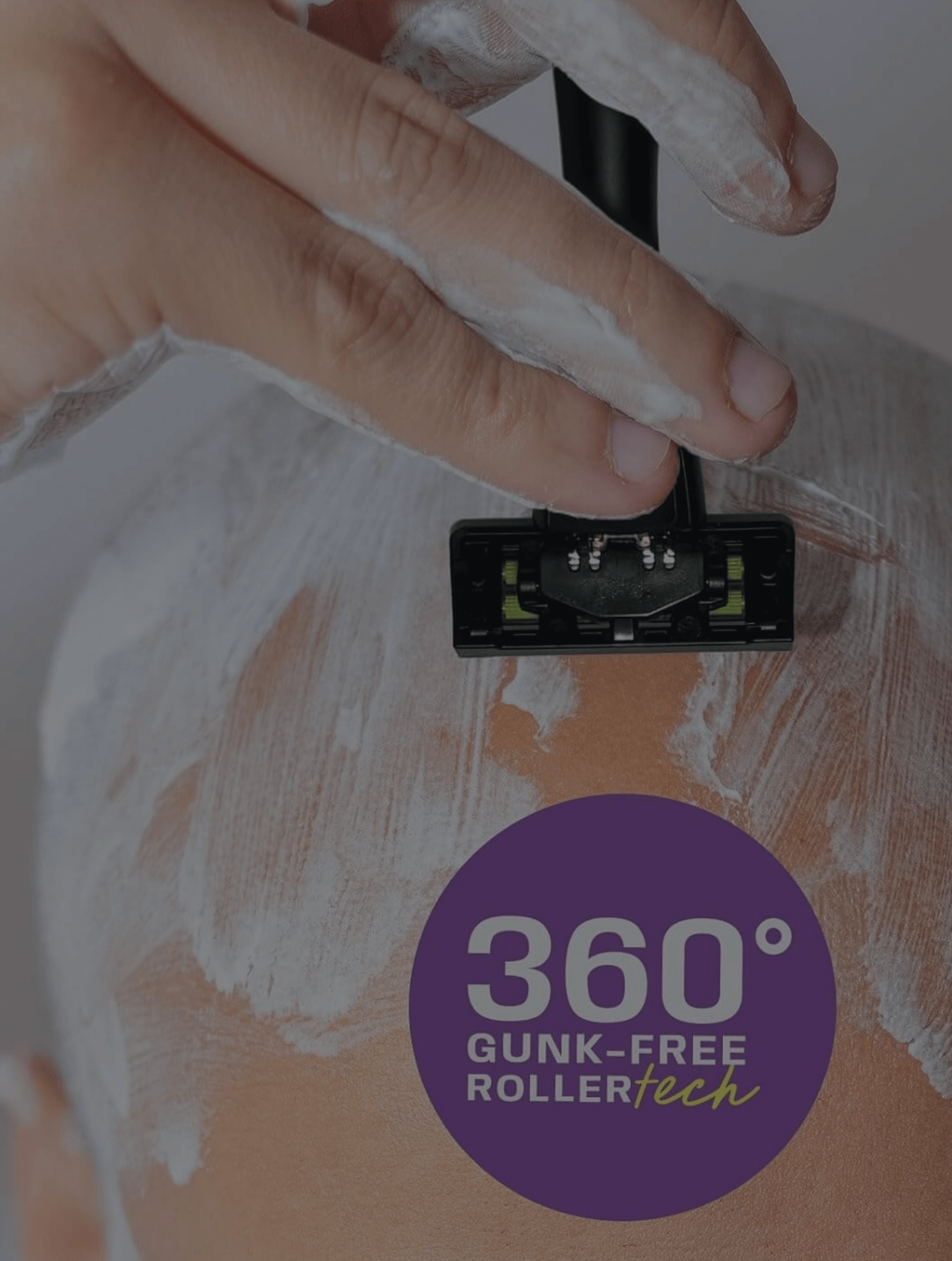 Hand using a gunk-free roller with '360° Gunk-Free Roller Tech' branding on a white background.